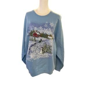 Pleasant Shade Winter Scene Holiday Sweatshirt  XL  Blue Snow